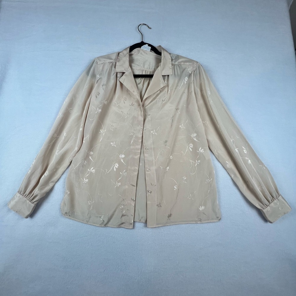 Vintage 70s Campus Casuals Floral Tie Neck Blouse Women's M Champagne Button Up
